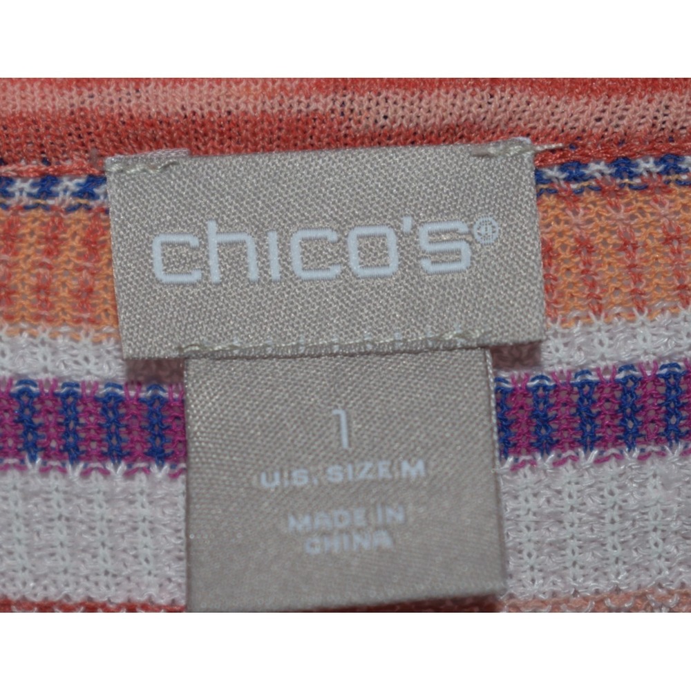 Chicos Linen Blend Top 1/Medium Colorful Stripes V-Neck 3/4 Sleeves Lightweight - Picture 4 of 16